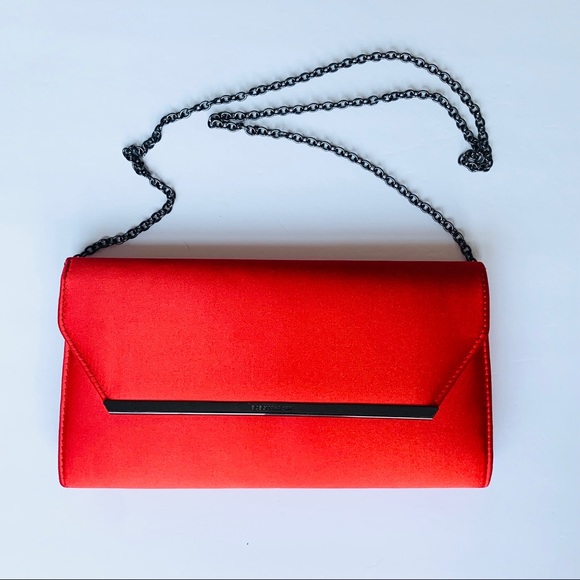 BCBG “Helen” Curry Red Satin Chain Clutch Bag - Picture 1 of 7